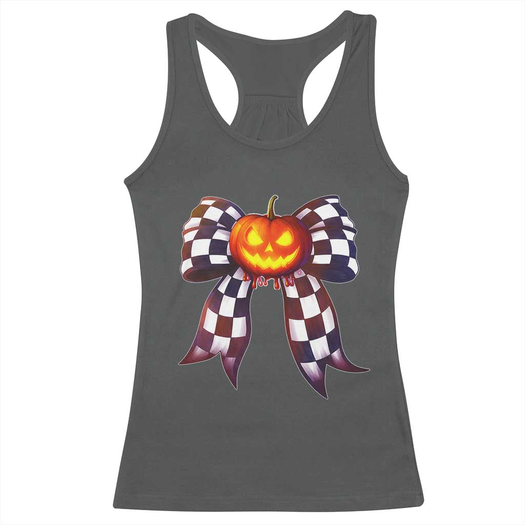 Race Car Halloween Racerback Tank Top Pumpkin Checkered Coquette Bow - Wonder Print Shop