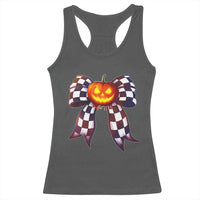 Race Car Halloween Racerback Tank Top Pumpkin Checkered Coquette Bow - Wonder Print Shop