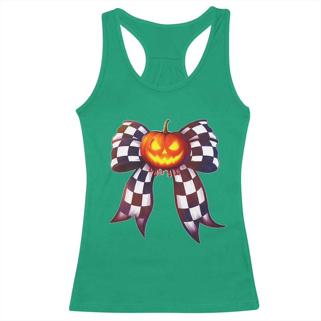 Race Car Halloween Racerback Tank Top Pumpkin Checkered Coquette Bow - Wonder Print Shop
