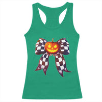Race Car Halloween Racerback Tank Top Pumpkin Checkered Coquette Bow - Wonder Print Shop
