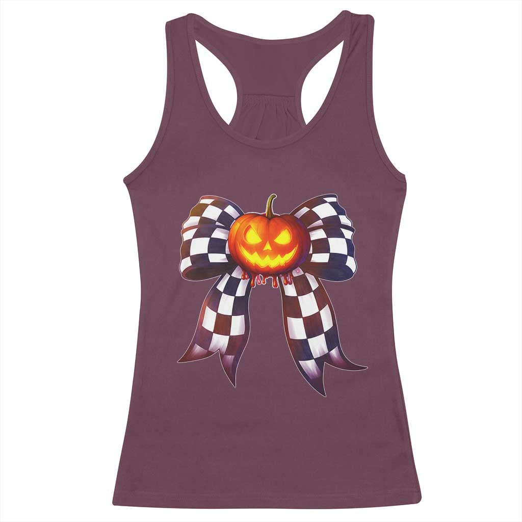 Race Car Halloween Racerback Tank Top Pumpkin Checkered Coquette Bow - Wonder Print Shop