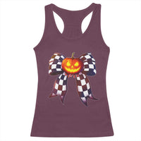 Race Car Halloween Racerback Tank Top Pumpkin Checkered Coquette Bow - Wonder Print Shop