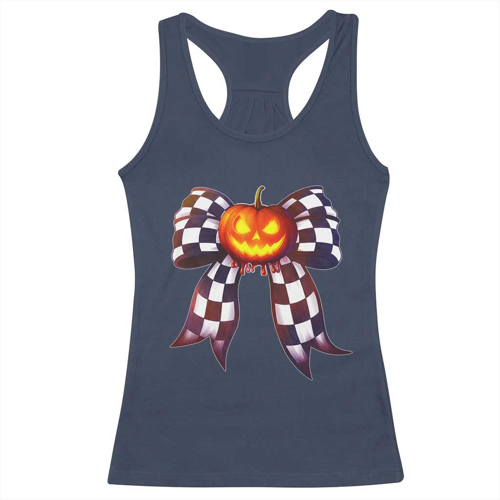 Race Car Halloween Racerback Tank Top Pumpkin Checkered Coquette Bow - Wonder Print Shop
