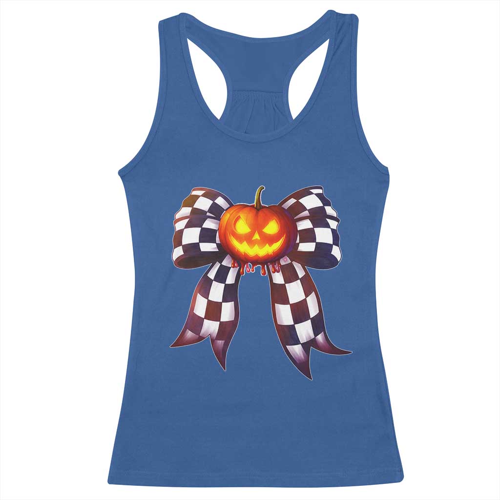 Race Car Halloween Racerback Tank Top Pumpkin Checkered Coquette Bow - Wonder Print Shop