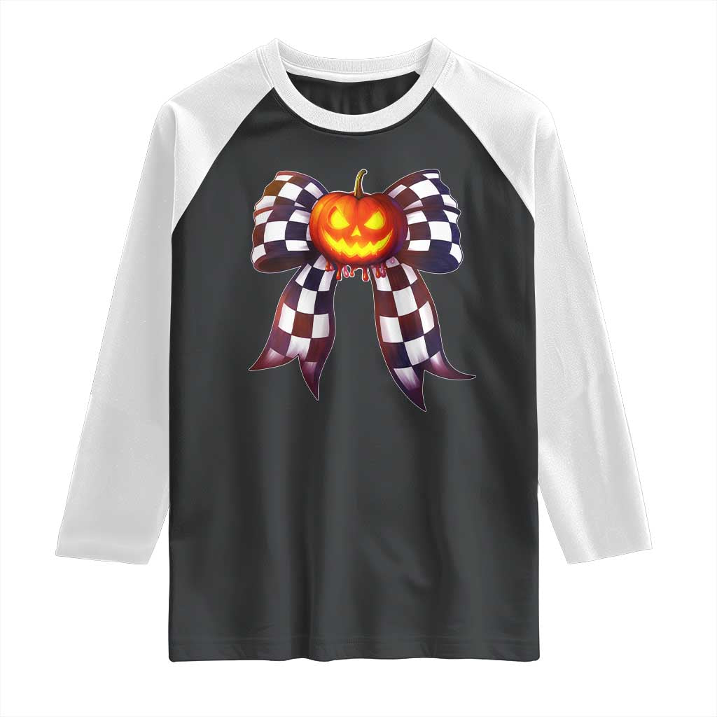 Race Car Halloween Raglan Shirt Pumpkin Checkered Coquette Bow - Wonder Print Shop