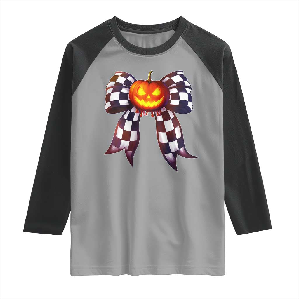 Race Car Halloween Raglan Shirt Pumpkin Checkered Coquette Bow - Wonder Print Shop
