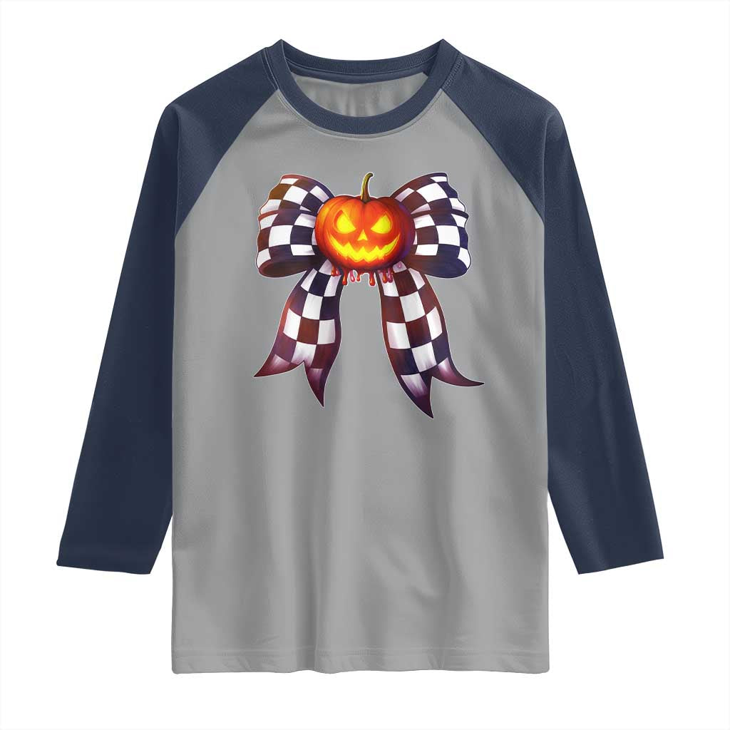 Race Car Halloween Raglan Shirt Pumpkin Checkered Coquette Bow - Wonder Print Shop