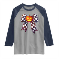 Race Car Halloween Raglan Shirt Pumpkin Checkered Coquette Bow - Wonder Print Shop