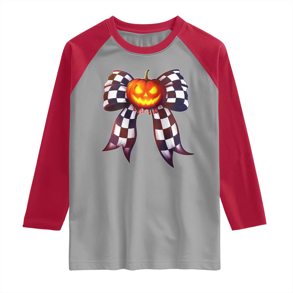 Race Car Halloween Raglan Shirt Pumpkin Checkered Coquette Bow - Wonder Print Shop
