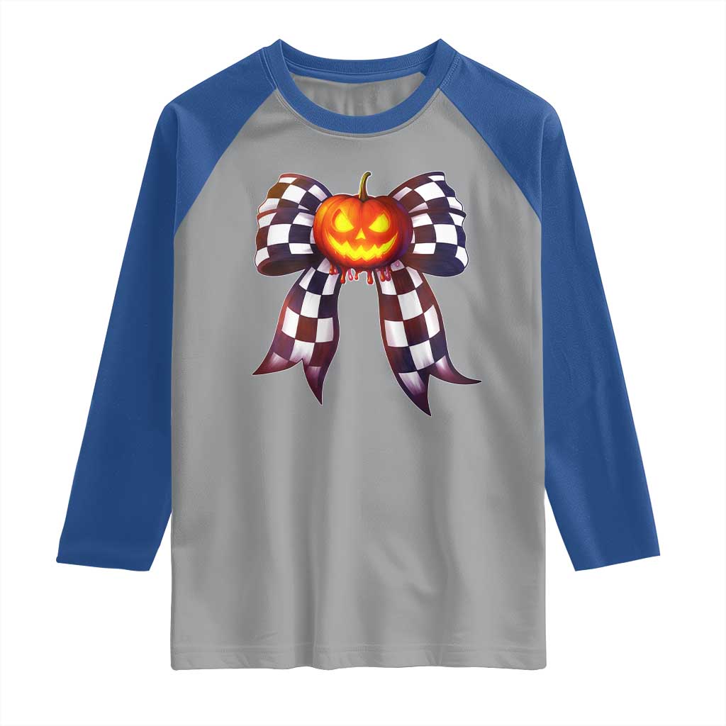 Race Car Halloween Raglan Shirt Pumpkin Checkered Coquette Bow - Wonder Print Shop