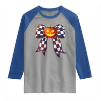 Race Car Halloween Raglan Shirt Pumpkin Checkered Coquette Bow - Wonder Print Shop