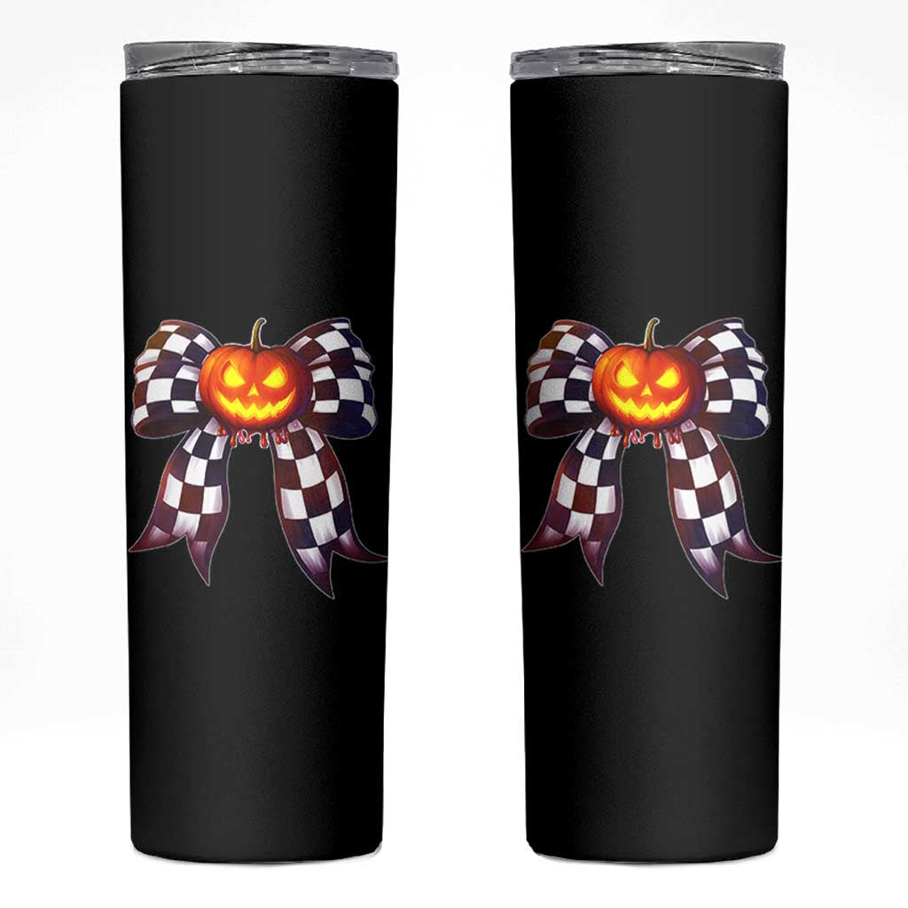 Race Car Halloween Skinny Tumbler Pumpkin Checkered Coquette Bow