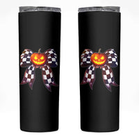 Race Car Halloween Skinny Tumbler Pumpkin Checkered Coquette Bow