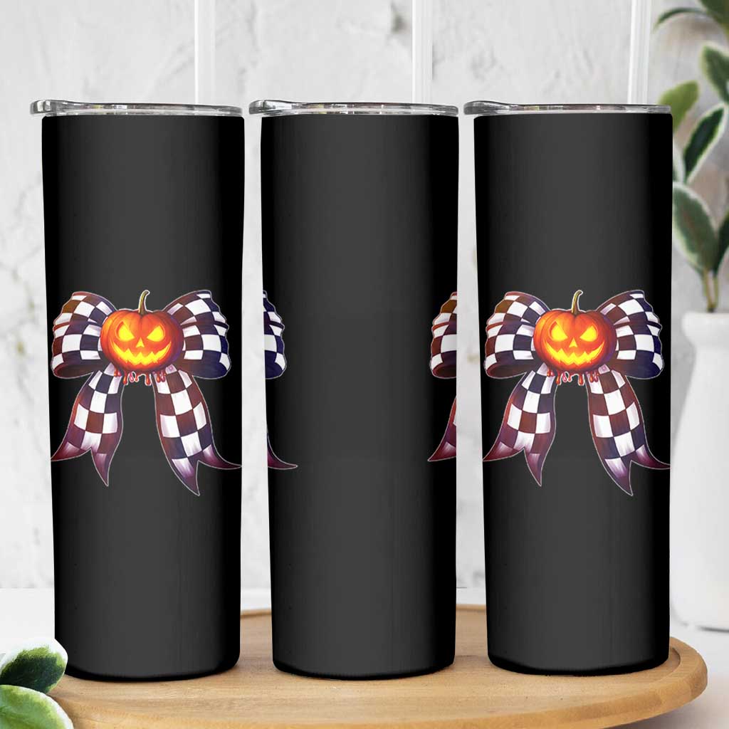 Race Car Halloween Skinny Tumbler Pumpkin Checkered Coquette Bow