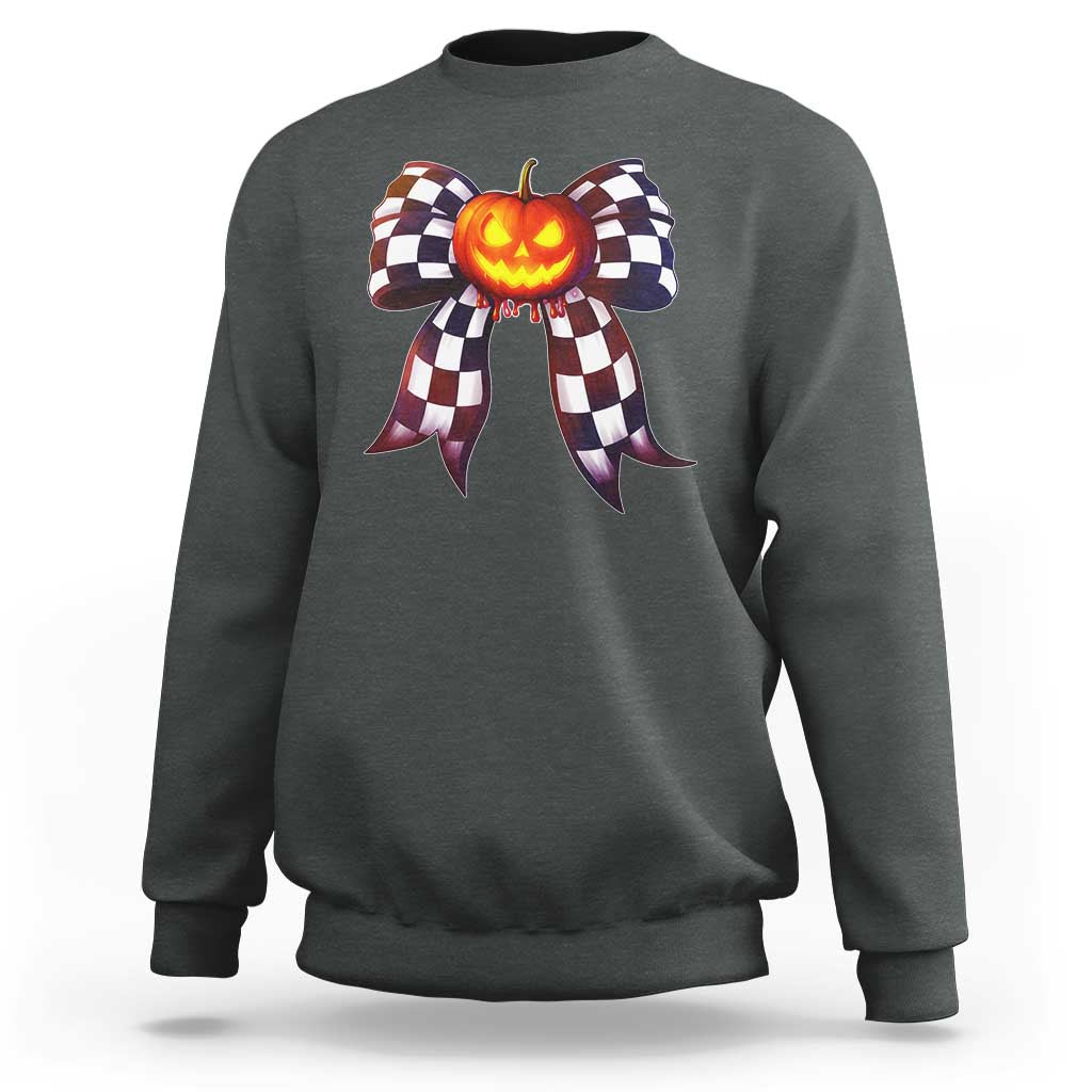 Race Car Halloween Sweatshirt Pumpkin Checkered Coquette Bow - Wonder Print Shop