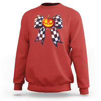 Race Car Halloween Sweatshirt Pumpkin Checkered Coquette Bow - Wonder Print Shop
