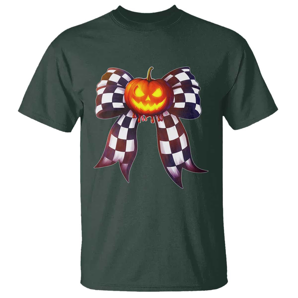 Race Car Halloween T Shirt Pumpkin Checkered Coquette Bow - Wonder Print Shop
