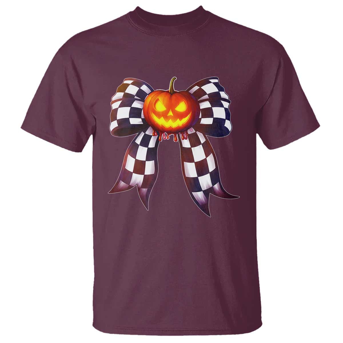 Race Car Halloween T Shirt Pumpkin Checkered Coquette Bow - Wonder Print Shop