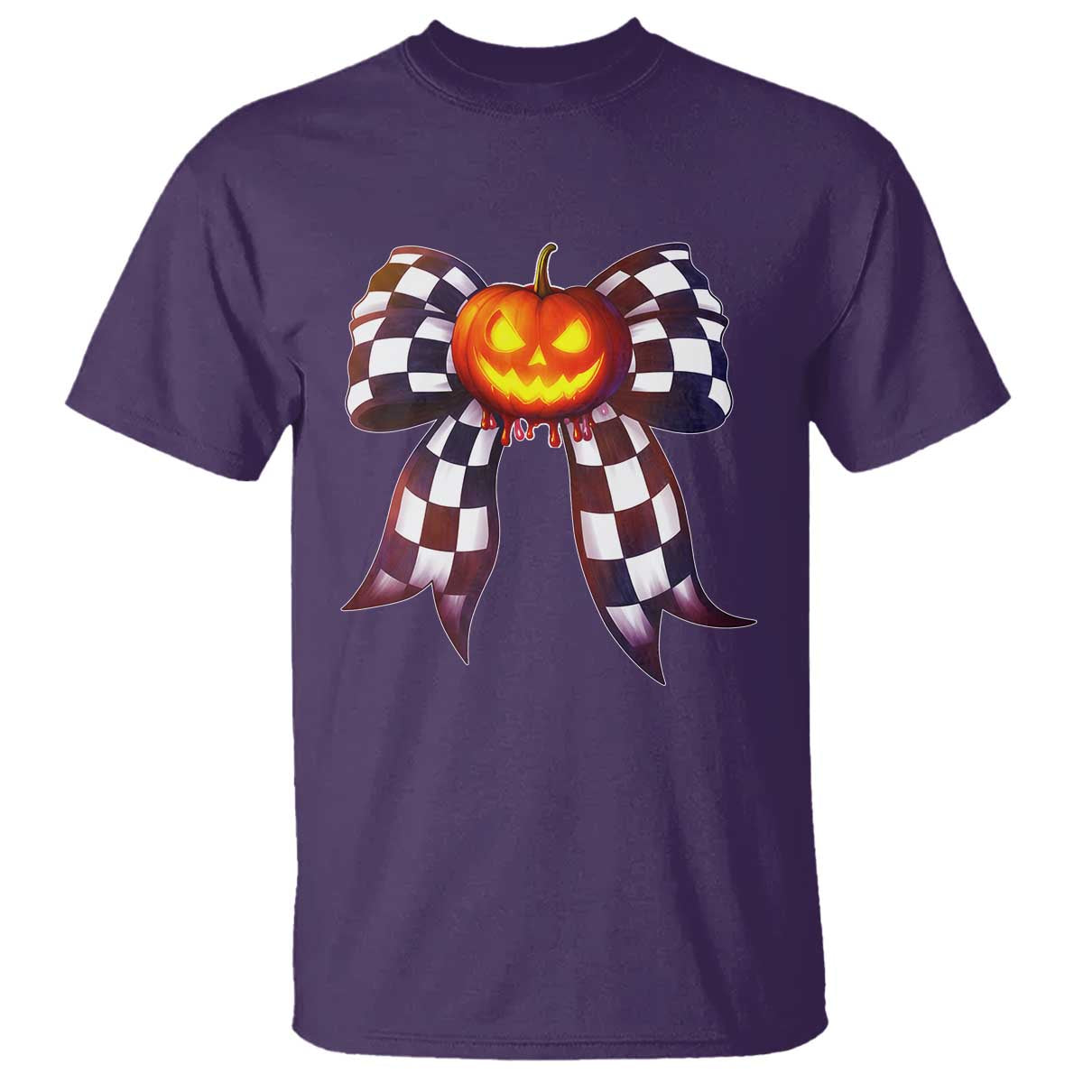 Race Car Halloween T Shirt Pumpkin Checkered Coquette Bow - Wonder Print Shop
