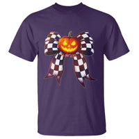 Race Car Halloween T Shirt Pumpkin Checkered Coquette Bow - Wonder Print Shop