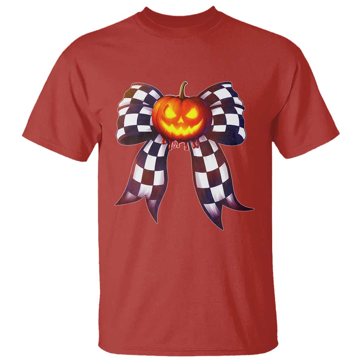 Race Car Halloween T Shirt Pumpkin Checkered Coquette Bow - Wonder Print Shop