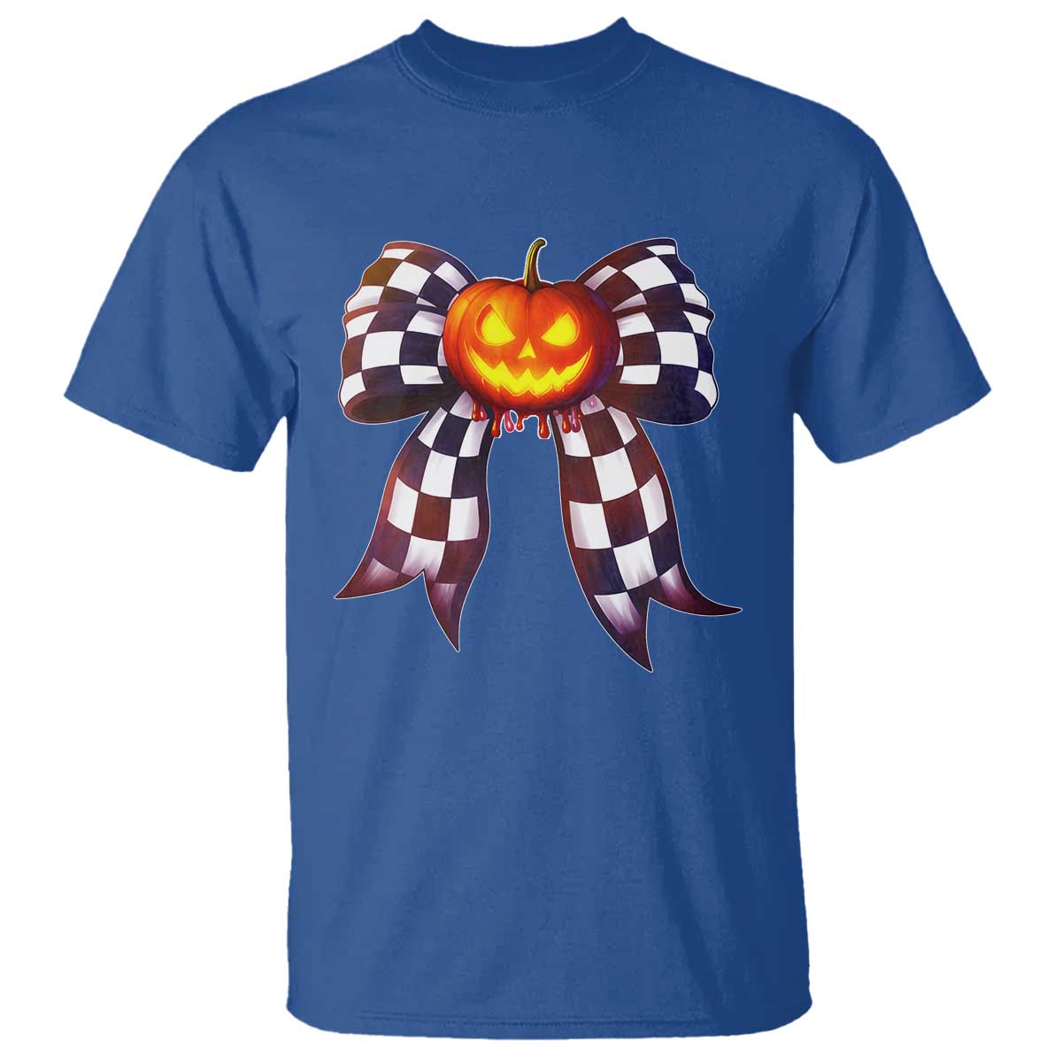 Race Car Halloween T Shirt Pumpkin Checkered Coquette Bow - Wonder Print Shop