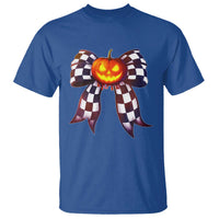 Race Car Halloween T Shirt Pumpkin Checkered Coquette Bow - Wonder Print Shop