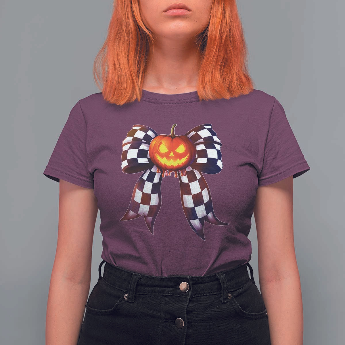Race Car Halloween T Shirt For Women Pumpkin Checkered Coquette Bow - Wonder Print Shop
