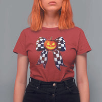 Race Car Halloween T Shirt For Women Pumpkin Checkered Coquette Bow - Wonder Print Shop