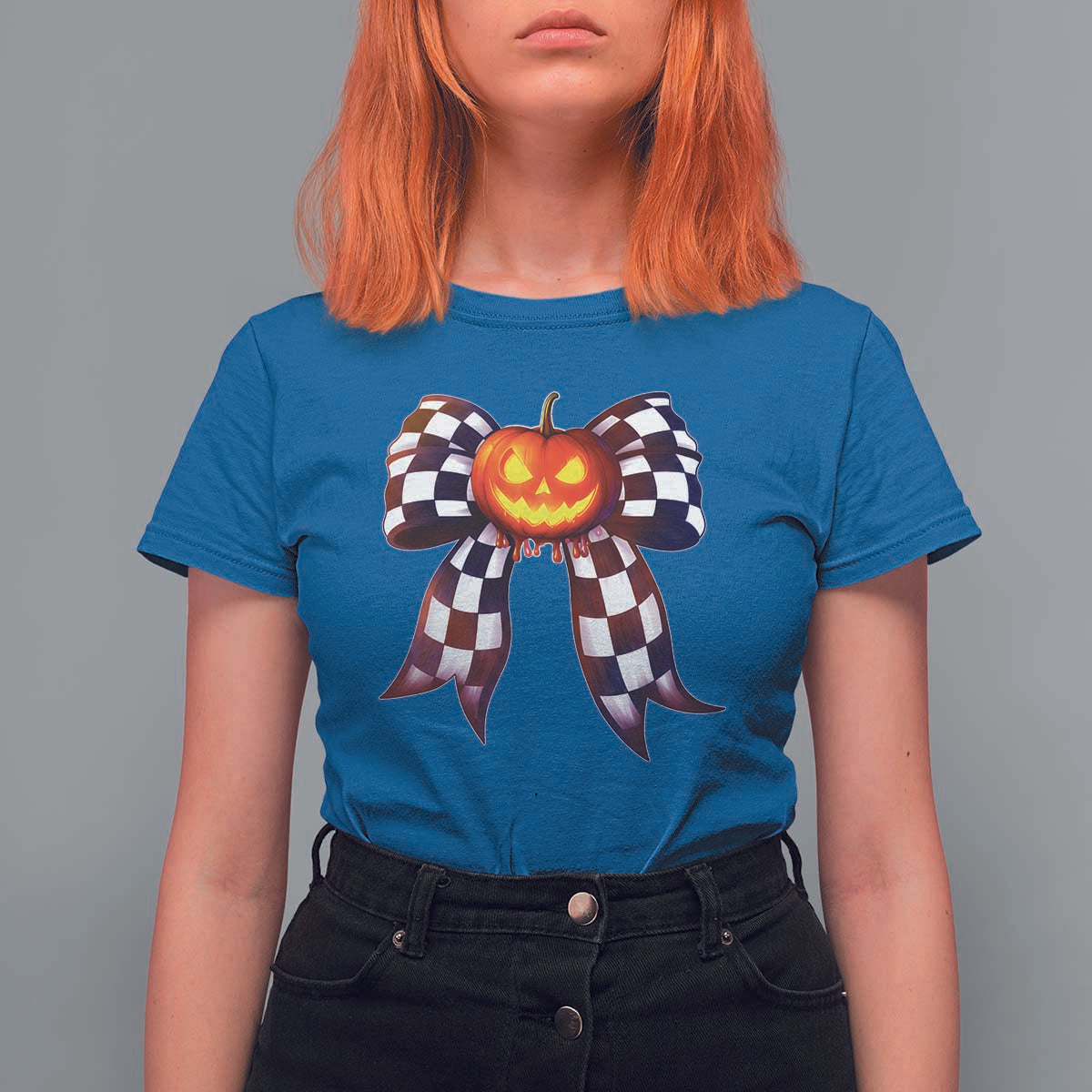 Race Car Halloween T Shirt For Women Pumpkin Checkered Coquette Bow - Wonder Print Shop