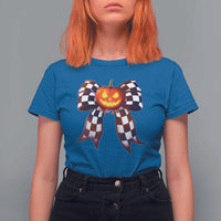 Race Car Halloween T Shirt For Women Pumpkin Checkered Coquette Bow - Wonder Print Shop