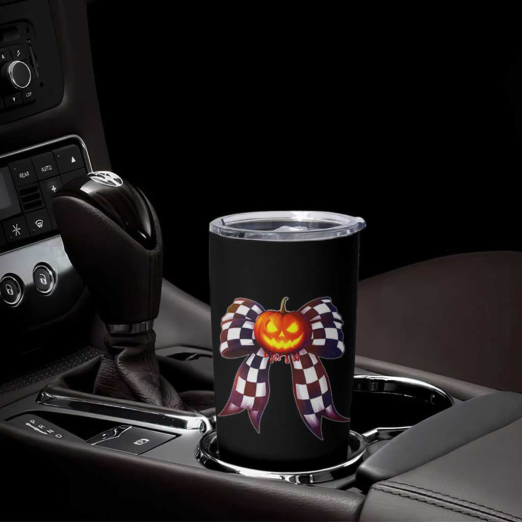Race Car Halloween Tumbler Cup Pumpkin Checkered Coquette Bow