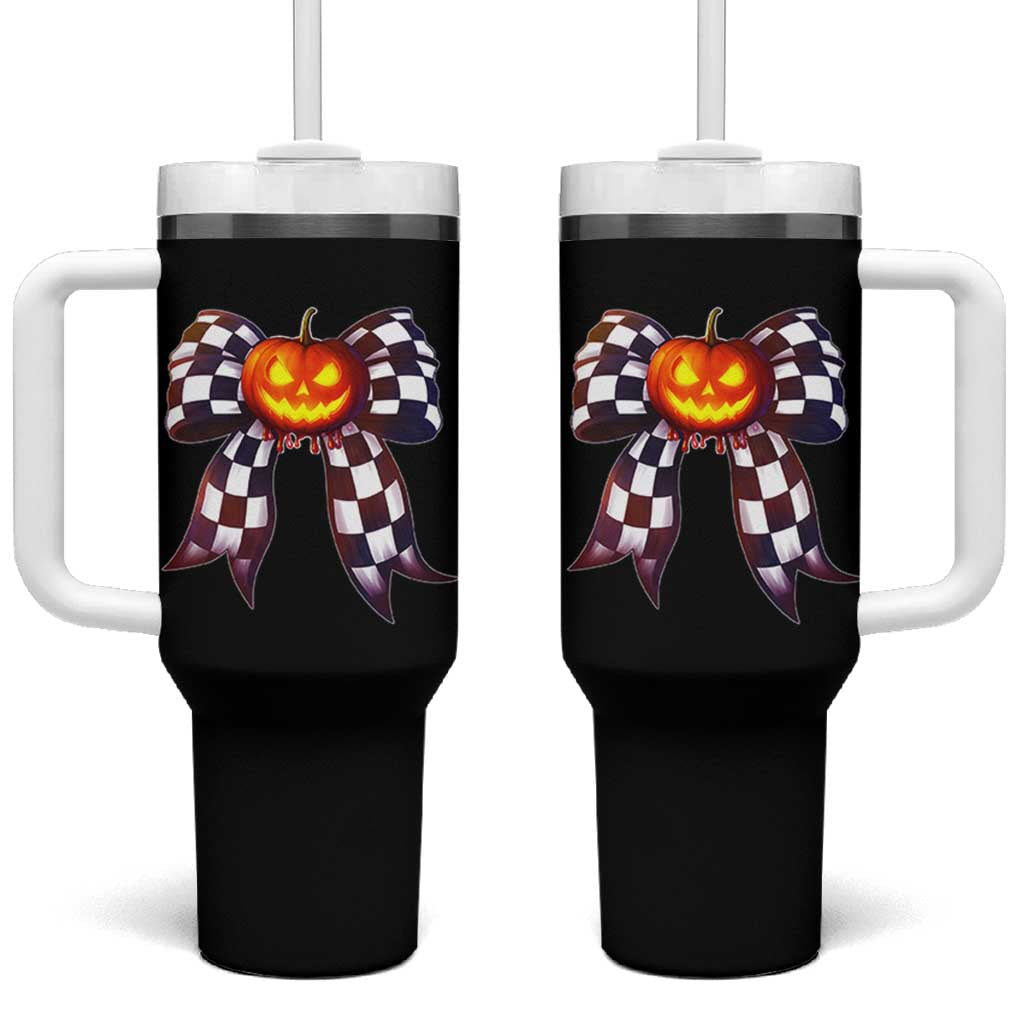 Race Car Halloween Tumbler With Handle Pumpkin Checkered Coquette Bow