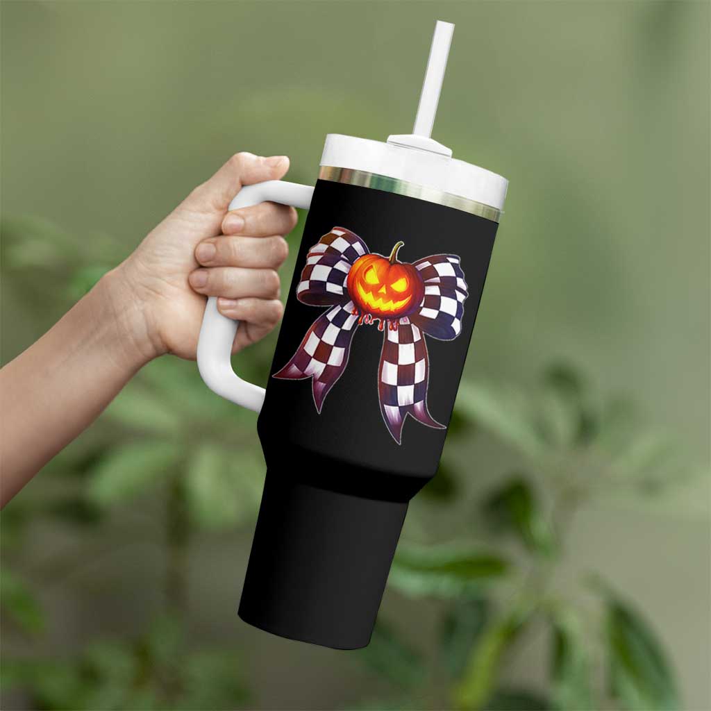 Race Car Halloween Tumbler With Handle Pumpkin Checkered Coquette Bow