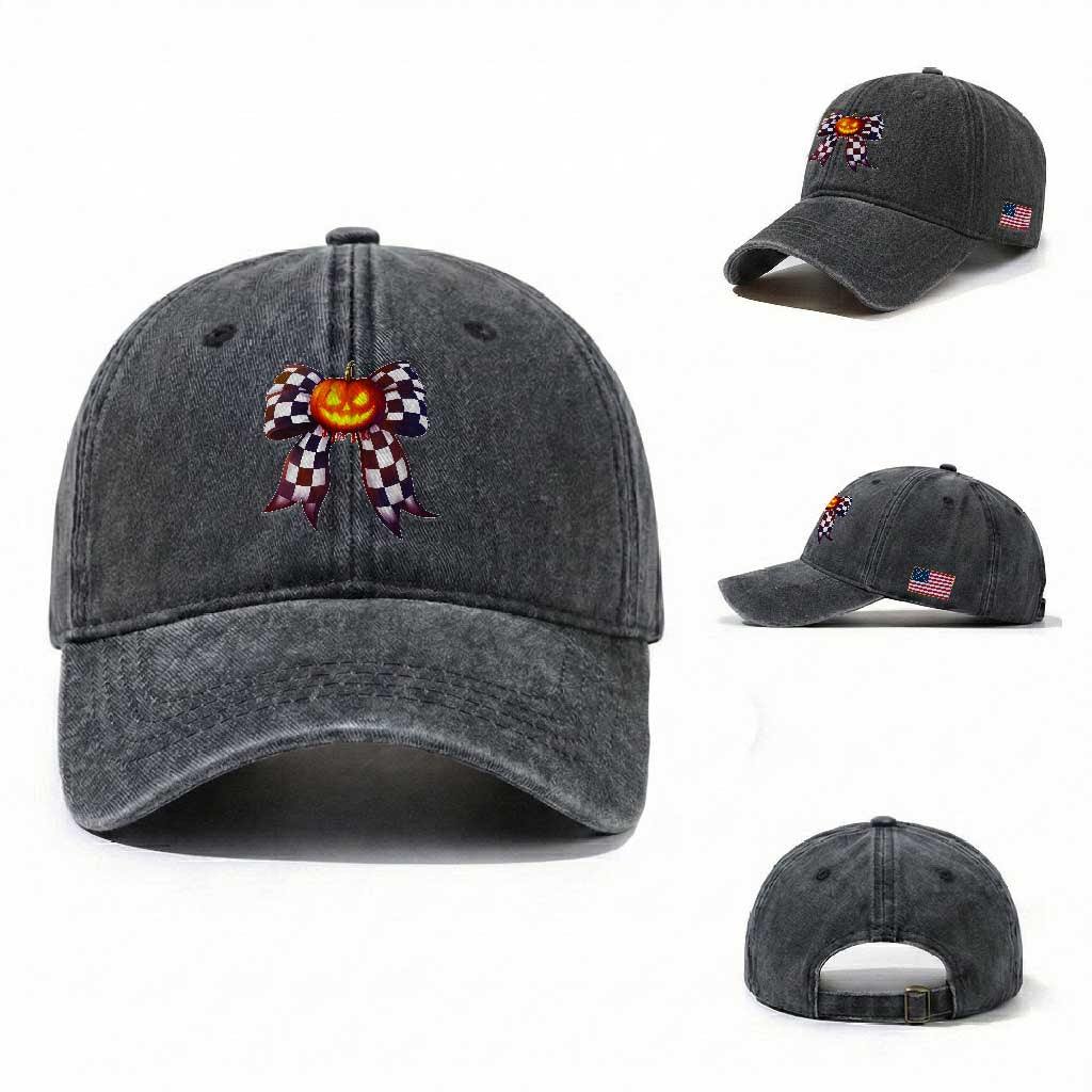 Race Car Halloween Washed Cotton Baseball Cap Pumpkin Checkered Coquette Bow