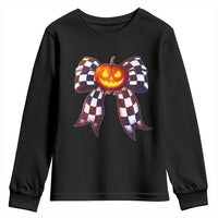 Race Car Halloween Youth Sweatshirt Pumpkin Checkered Coquette Bow - Wonder Print Shop