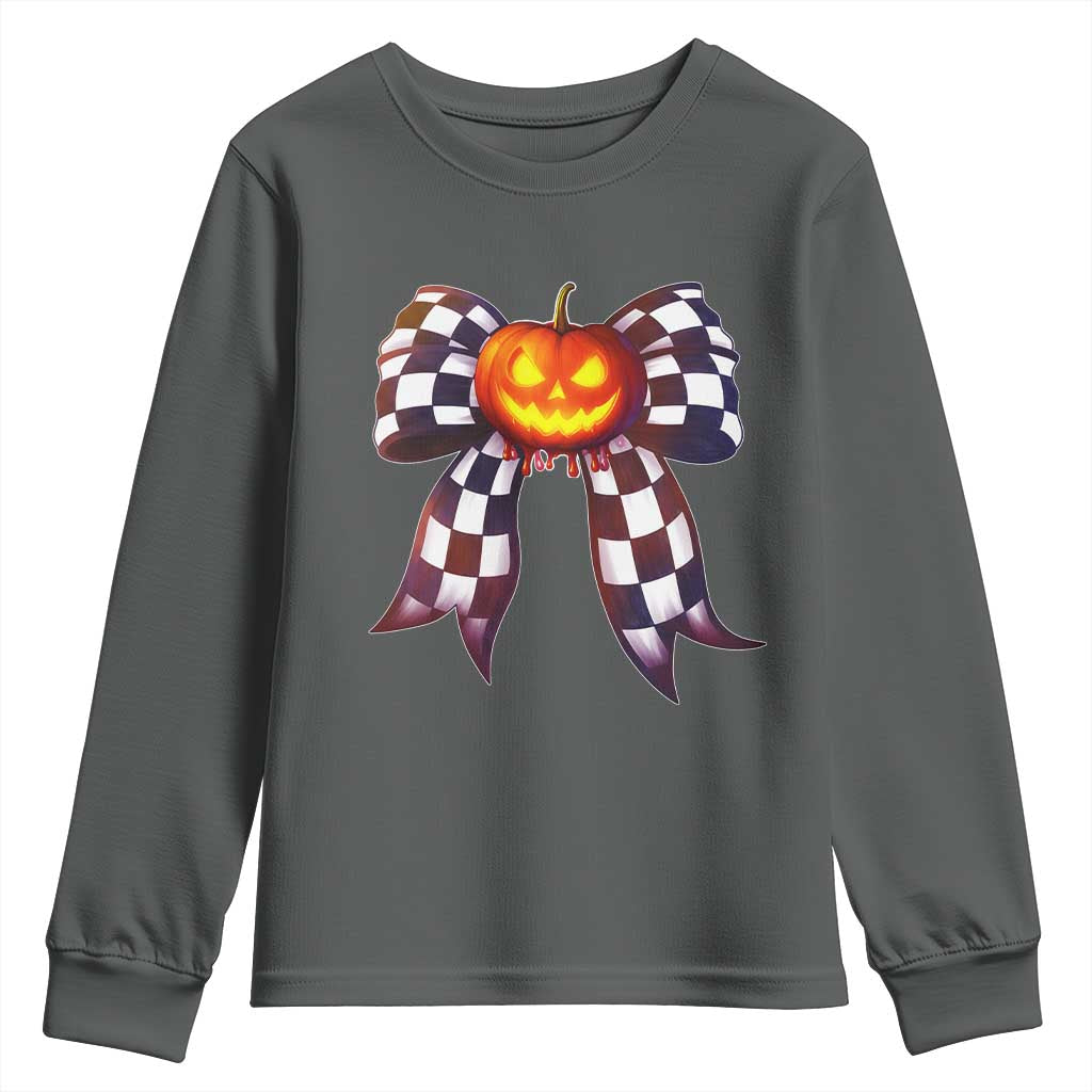 Race Car Halloween Youth Sweatshirt Pumpkin Checkered Coquette Bow - Wonder Print Shop