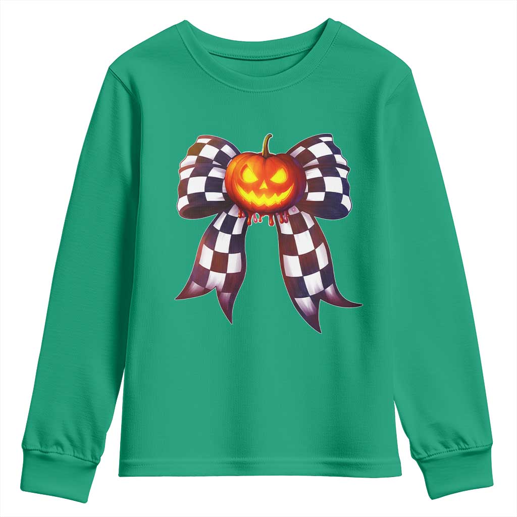 Race Car Halloween Youth Sweatshirt Pumpkin Checkered Coquette Bow - Wonder Print Shop