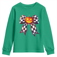 Race Car Halloween Youth Sweatshirt Pumpkin Checkered Coquette Bow - Wonder Print Shop