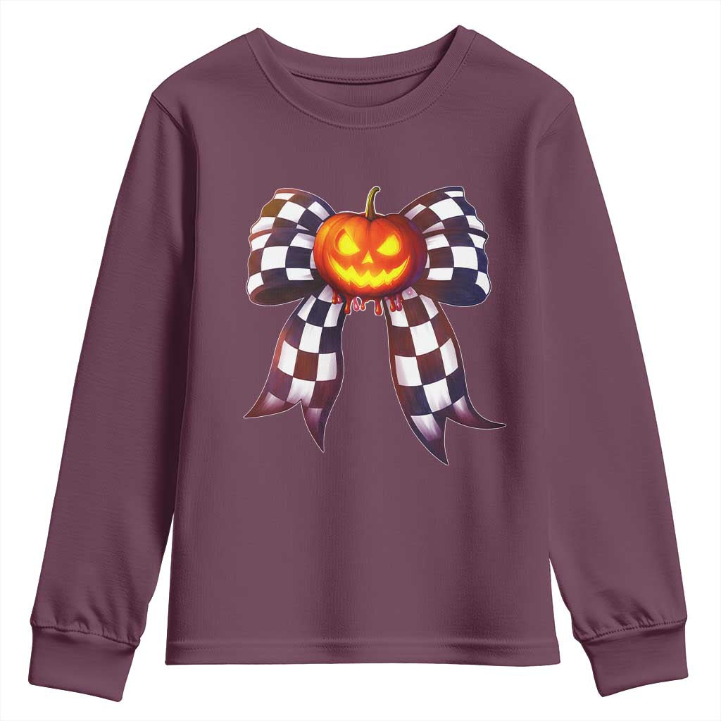 Race Car Halloween Youth Sweatshirt Pumpkin Checkered Coquette Bow - Wonder Print Shop