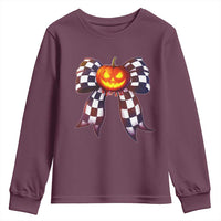 Race Car Halloween Youth Sweatshirt Pumpkin Checkered Coquette Bow - Wonder Print Shop