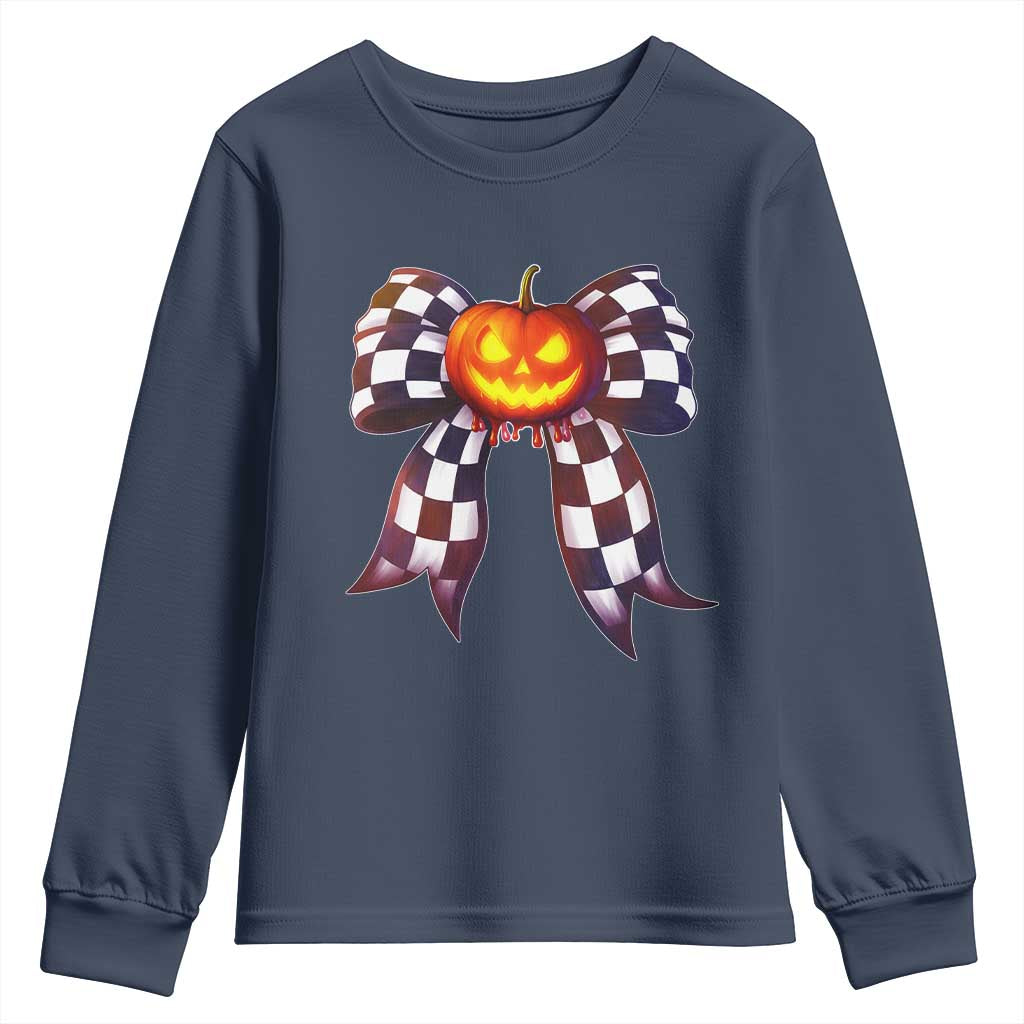 Race Car Halloween Youth Sweatshirt Pumpkin Checkered Coquette Bow - Wonder Print Shop