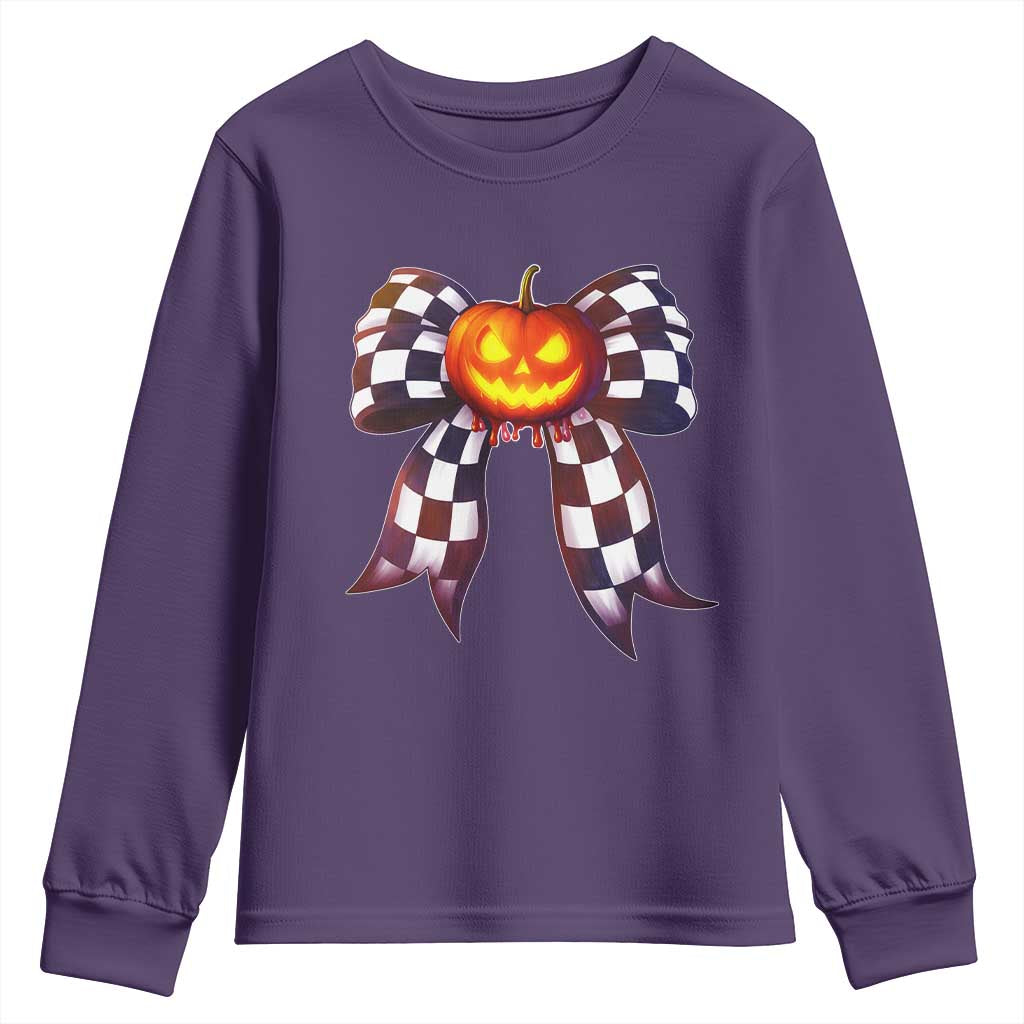Race Car Halloween Youth Sweatshirt Pumpkin Checkered Coquette Bow - Wonder Print Shop