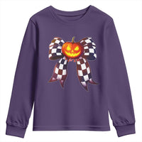 Race Car Halloween Youth Sweatshirt Pumpkin Checkered Coquette Bow - Wonder Print Shop