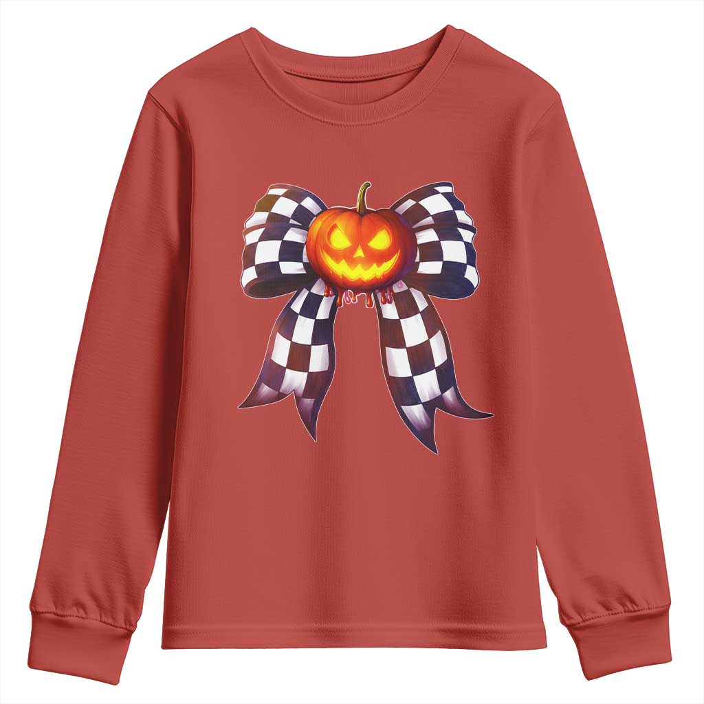 Race Car Halloween Youth Sweatshirt Pumpkin Checkered Coquette Bow - Wonder Print Shop