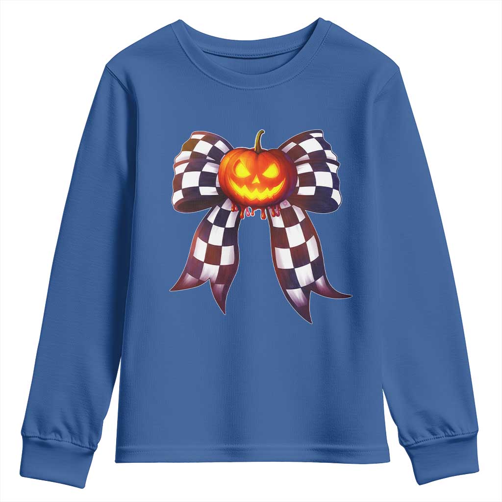 Race Car Halloween Youth Sweatshirt Pumpkin Checkered Coquette Bow - Wonder Print Shop