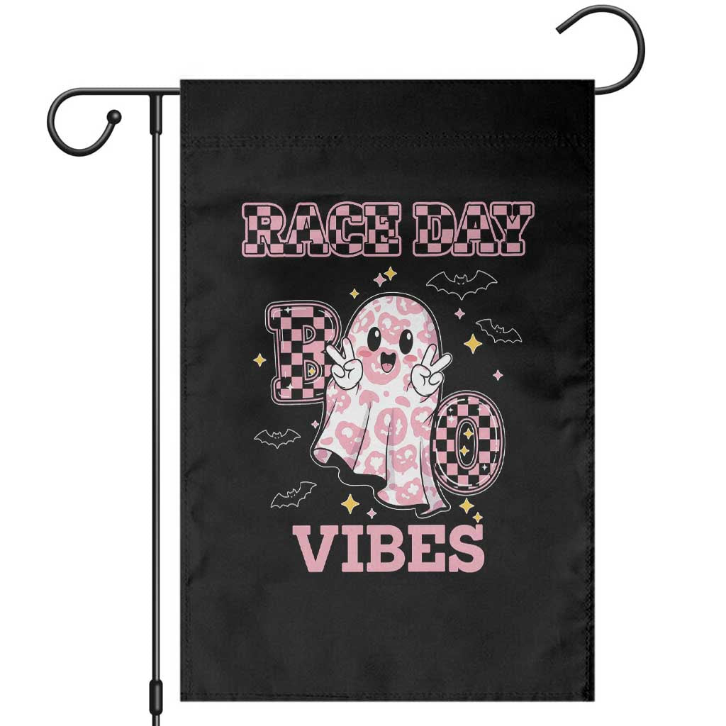 Race Car Halloween Garden Flag Boo Checkered Coquette Bow - Wonder Print Shop