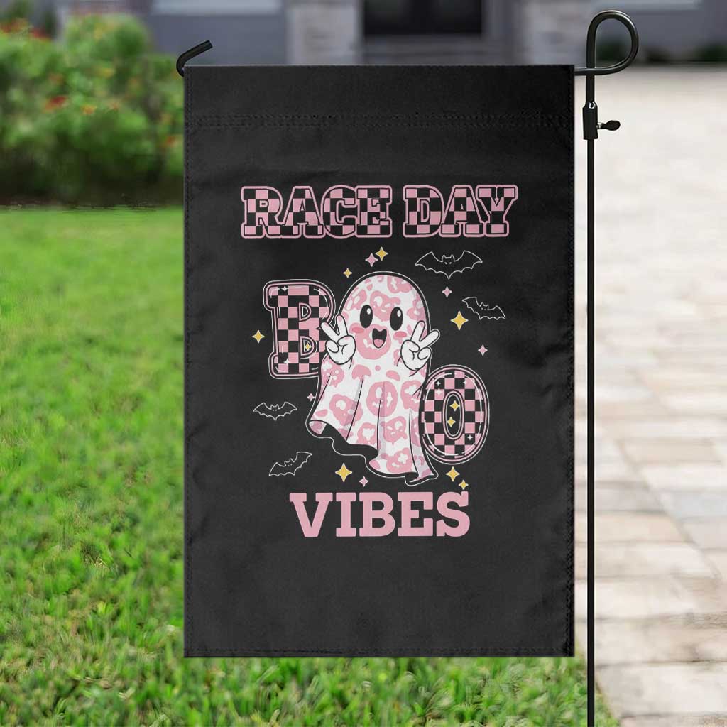 Race Car Halloween Garden Flag Boo Checkered Coquette Bow - Wonder Print Shop