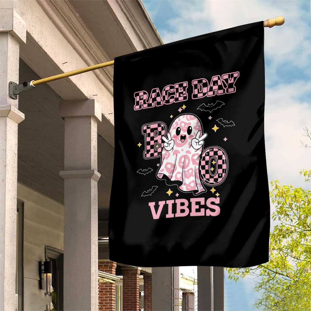 Race Car Halloween Garden Flag Boo Checkered Coquette Bow - Wonder Print Shop