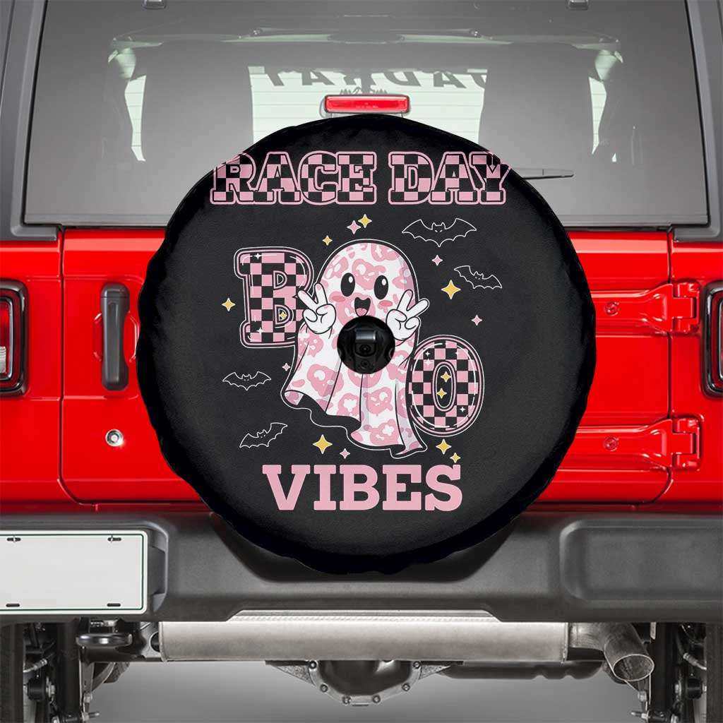Race Car Halloween Spare Tire Cover Boo Checkered Coquette Bow - Wonder Print Shop